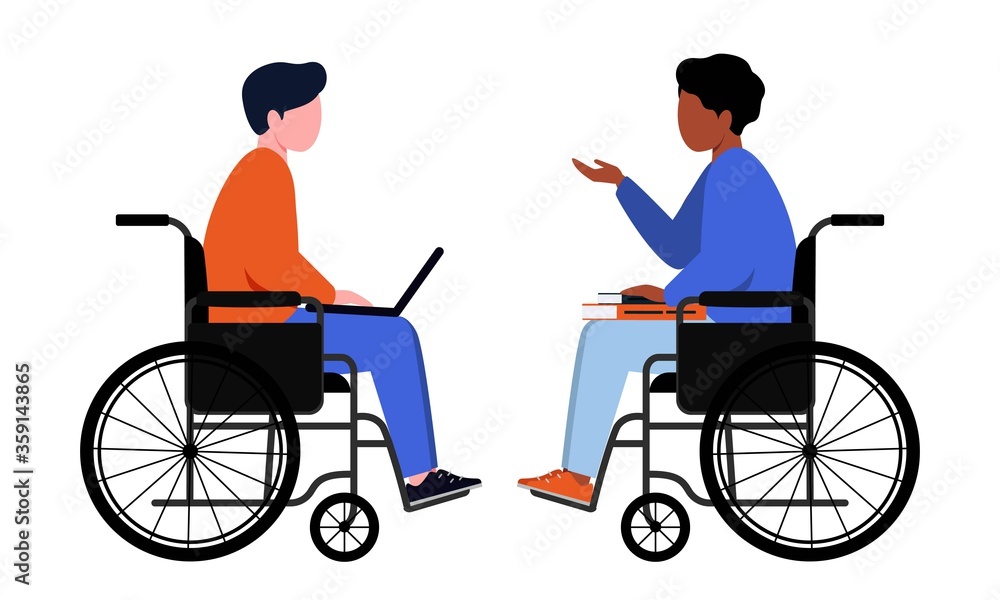 Handicapped guy sitting in a wheelchair. A disabled student holds a laptop on his lap.