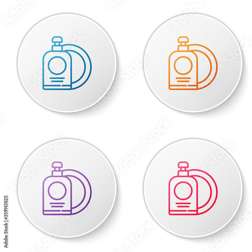 Color line Dishwashing liquid bottle and plate icon isolated on white background. Liquid detergent for washing dishes. Set icons in circle buttons. Vector Illustration