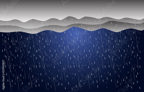 Heavy rain in dark sky, clouds and storm  vector background.
