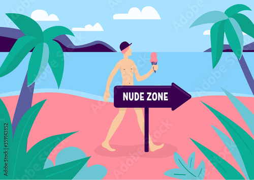 Nudist zone flat color vector illustration