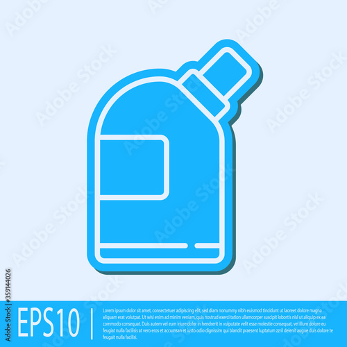 Blue line Plastic bottles for laundry detergent, bleach, dishwashing liquid or another cleaning agent icon isolated on grey background.  Vector Illustration