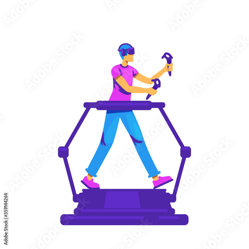 Man on VR treadmill flat color vector faceless character