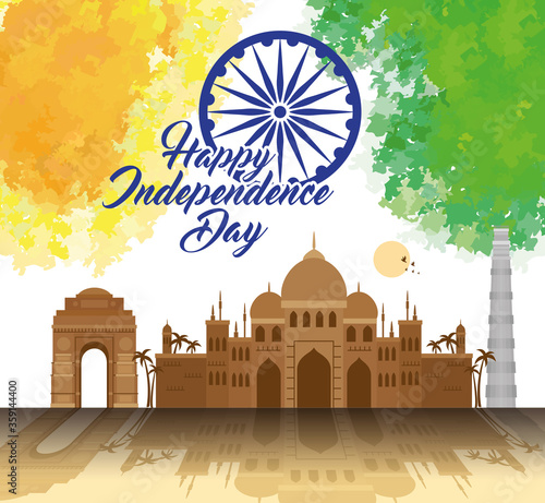 indian happy independence day with ashoka wheel decoration and famous monument vector illustration design