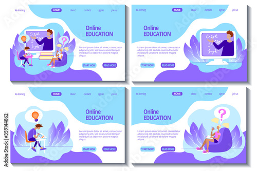 Web page template set for online education and e-learning. Teacher and students. Online classroom. Stock modern flat illustration concept for landing page. Website design easy to edit and customize.