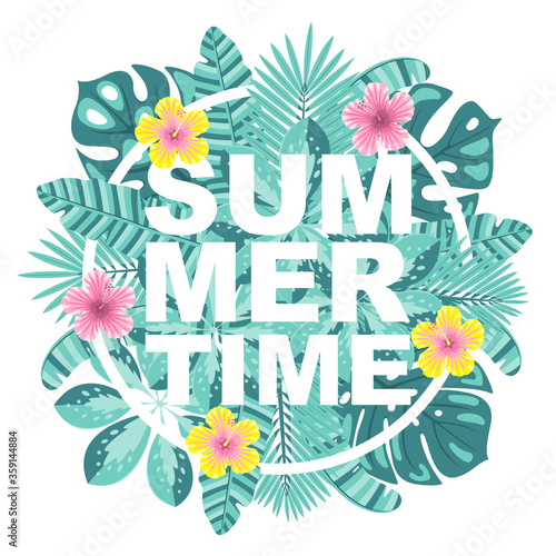 Summer time vector illustration. Logo, banner, label, badge with tropical leaves and flowers.