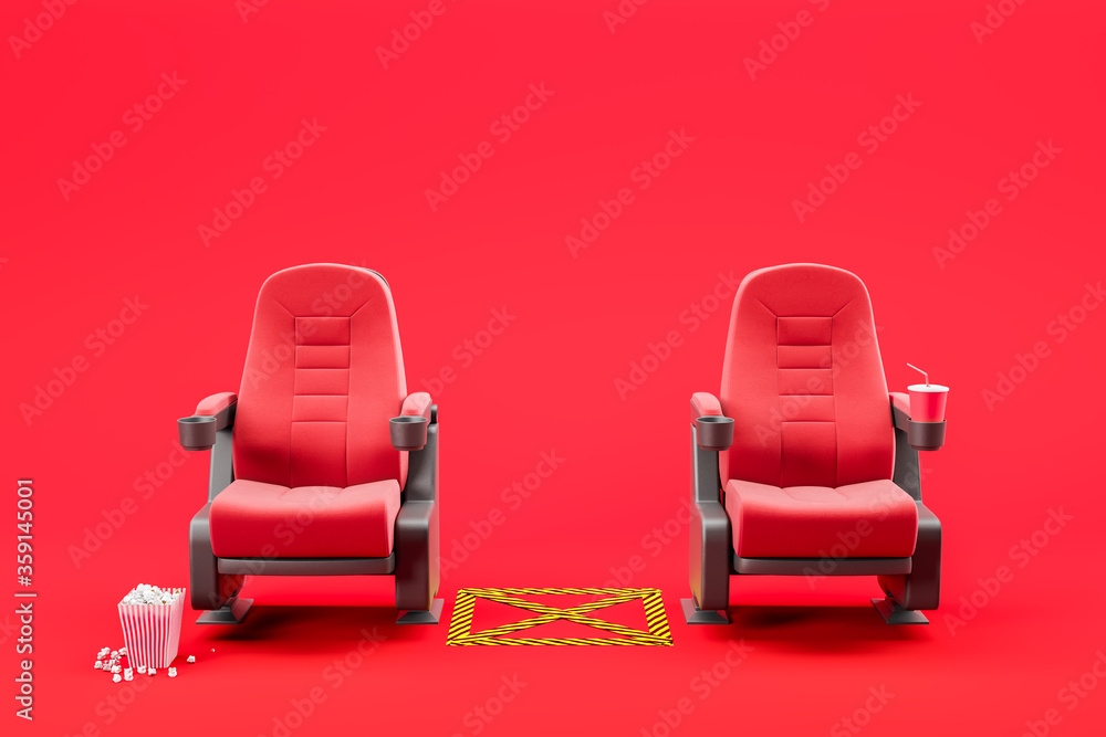 Cinema seats on red, social distancing