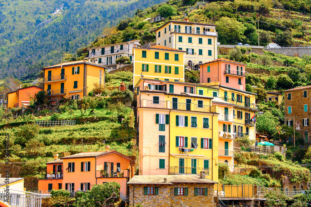 Fototapeta premium It's Architecture of Riomaggiore, a village in province of La Spezia, Liguria, Italy. It's one of the lands of Cinque Terre, UNESCO World Heritage Site