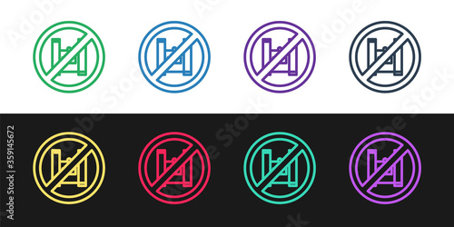 Set line Say no to plastic bags poster icon isolated on black and white background. Disposable cellophane and polythene package prohibition sign. Vector Illustration.