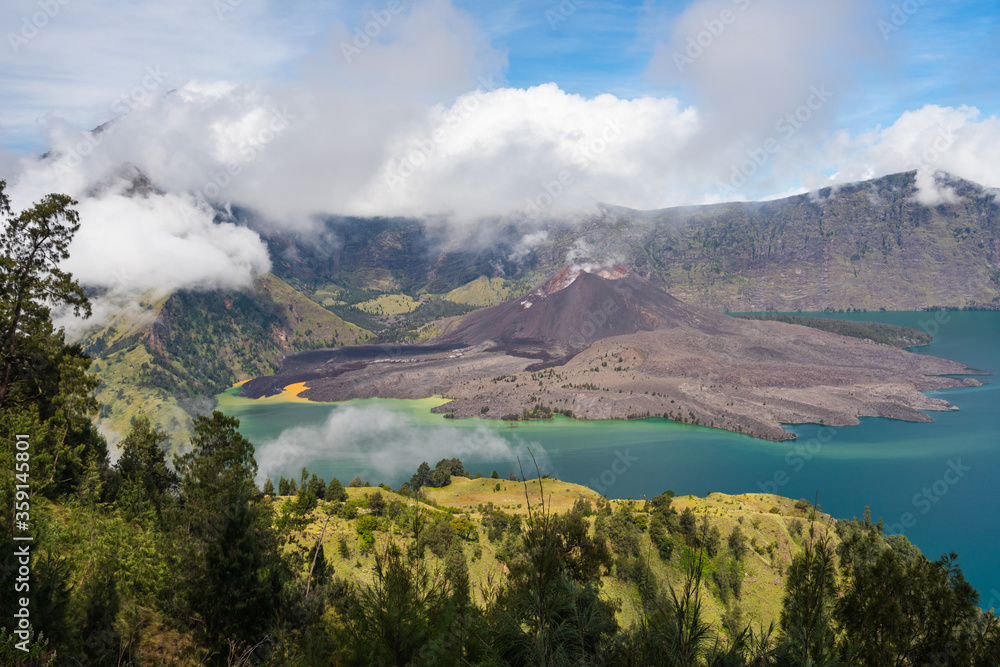 Beautiful landscape of Rinjani active volcano mountain in Lombok island, Indonesia