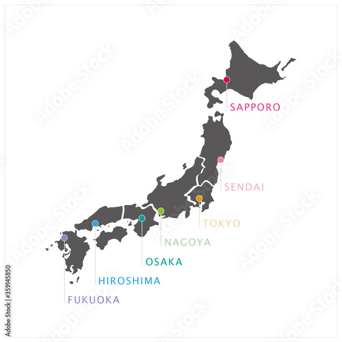 Vector Illustration of highlight japan city region map, colorful with white background