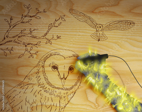 Esoteric and magic illustration of a humans hand and owl in graphics. Barn owl on tree table with background