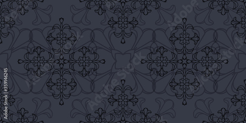 Black floral damsk onament seamless patternon color background. Design for fabric, apparel textile, book, interior, wallpaper