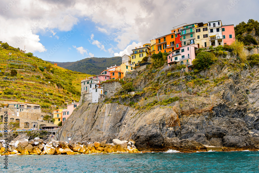 It's Panorama of Manarola (Manaea), La Spezia, Liguria, Italy. It's one of the lands of Cinque Terre, UNESCO World Heritage Site