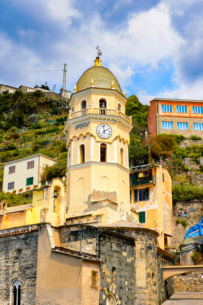 It's Church of Santa Margherita d'Antiochia of Vernazza (Vulnetia), Italy. It's one of the lands of Cinque Terre, UNESCO World Heritage Sit