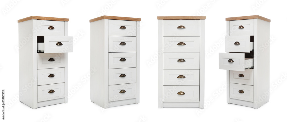 Collage with chests of drawers on white background. Banner design
