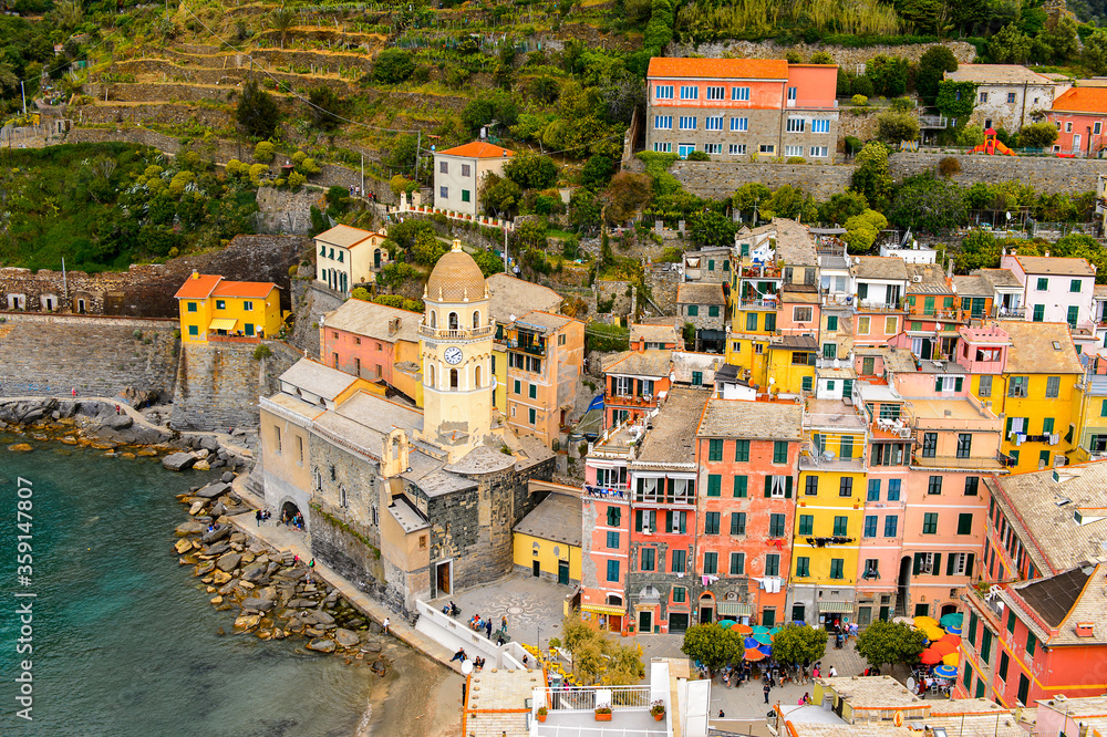 It's Aerial view of Vernazza (Vulnetia), a small town in province of La Spezia, Liguria, Italy. It's one of the lands of Cinque Terre, UNESCO World Heritage Sit