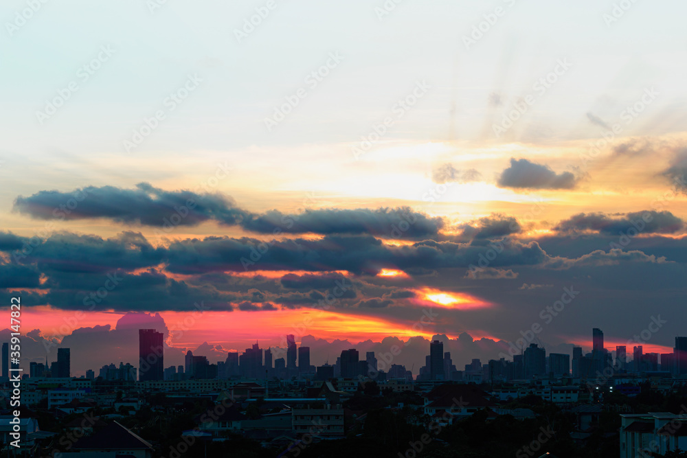 The last light of the sunset with city building ,At  in Bangkok ,Thailand