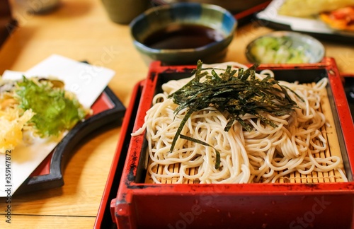 Wallpaper Mural Japanes food: cold Jindaiji Soba (buckwheat noodles) with nori on a red tray Torontodigital.ca