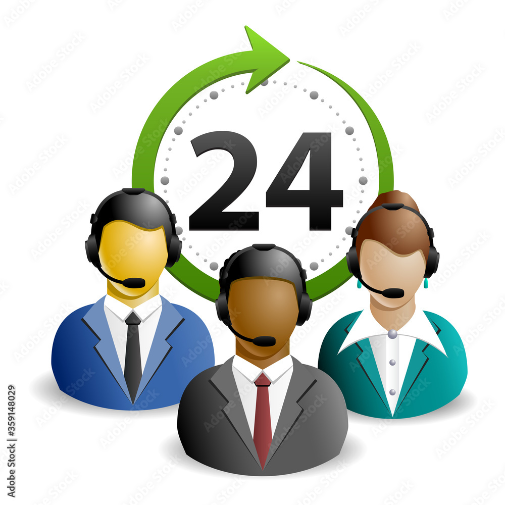 Support or service group or team available online and assistance for customers around the clock or 24 hours a day icon isolated on white background. Vector illustration