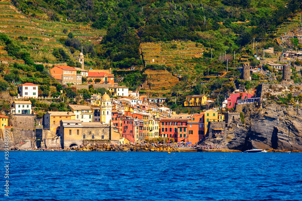 It's Panorama of Monterosso al Mare, a small town in province of La Spezia, Liguria, Italy. It's one of the lands of Cinque Terre, UNESCO World Heritage Site