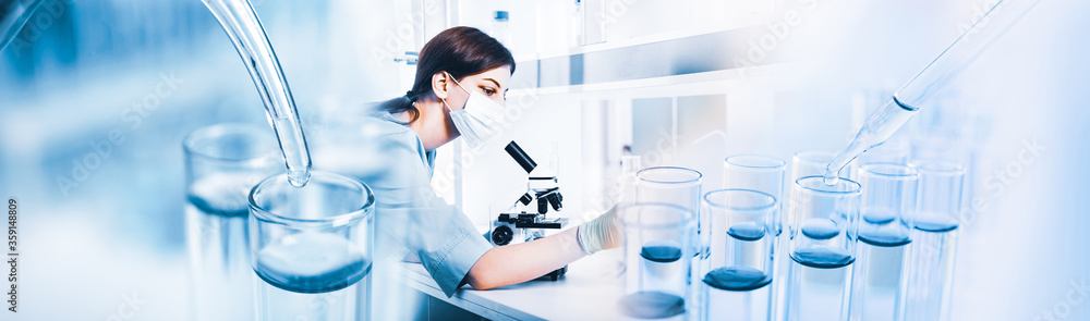 Multiple exposure of dropping samples into test tubes and scientist working with microscope, banner design. Laboratory analysis Multiple exposure of dropping samples into test tubes and scientist working with microscope, banner design. Laboratory analysis