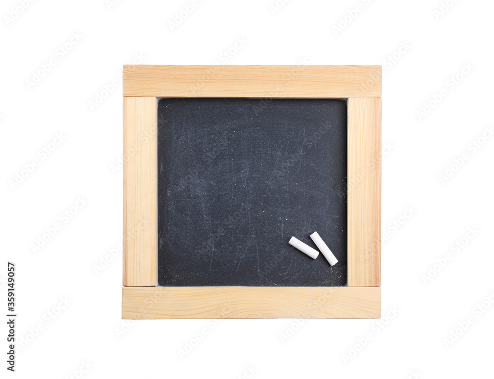 Empty blackboard with chalk isolated on white, top view. Space for text