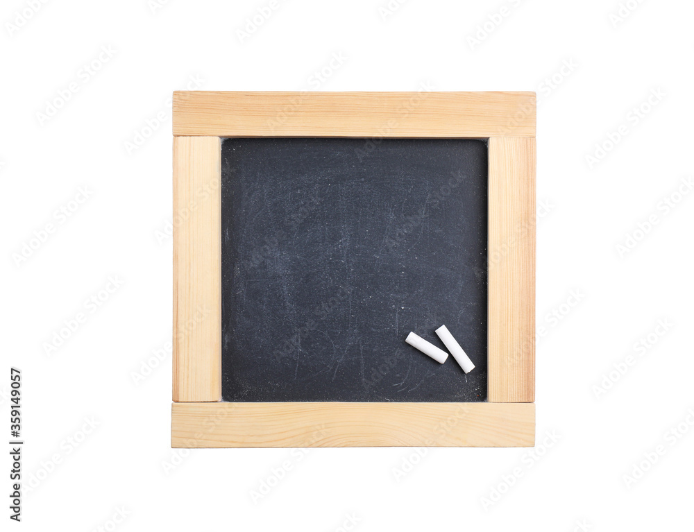 Empty blackboard with chalk isolated on white, top view. Space for text Empty blackboard with chalk isolated on white, top view. Space for text