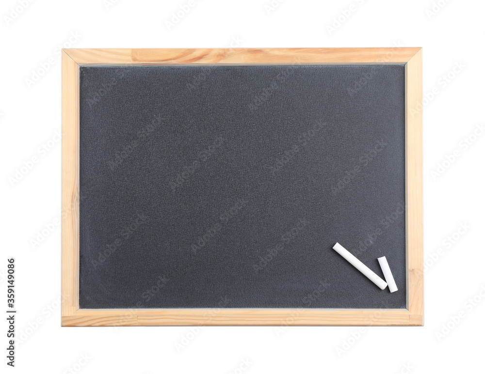 Empty blackboard with chalk isolated on white, top view. Space for text Empty blackboard with chalk isolated on white, top view. Space for text
