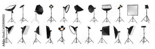 Set with different studio lightings on white background, banner design photo