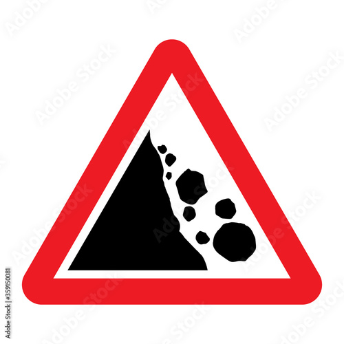 Falling rocks or debris warning road sign. Vector illustration of landslide caution traffic sign. Attention red triangle mark isolated on white background.