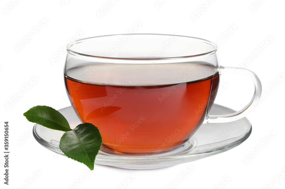 Tasty black tea and fresh leaves isolated on white Tasty black tea and fresh leaves isolated on white