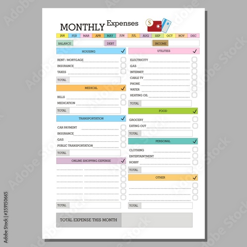 financial planner, Monthly Expenses planner page
