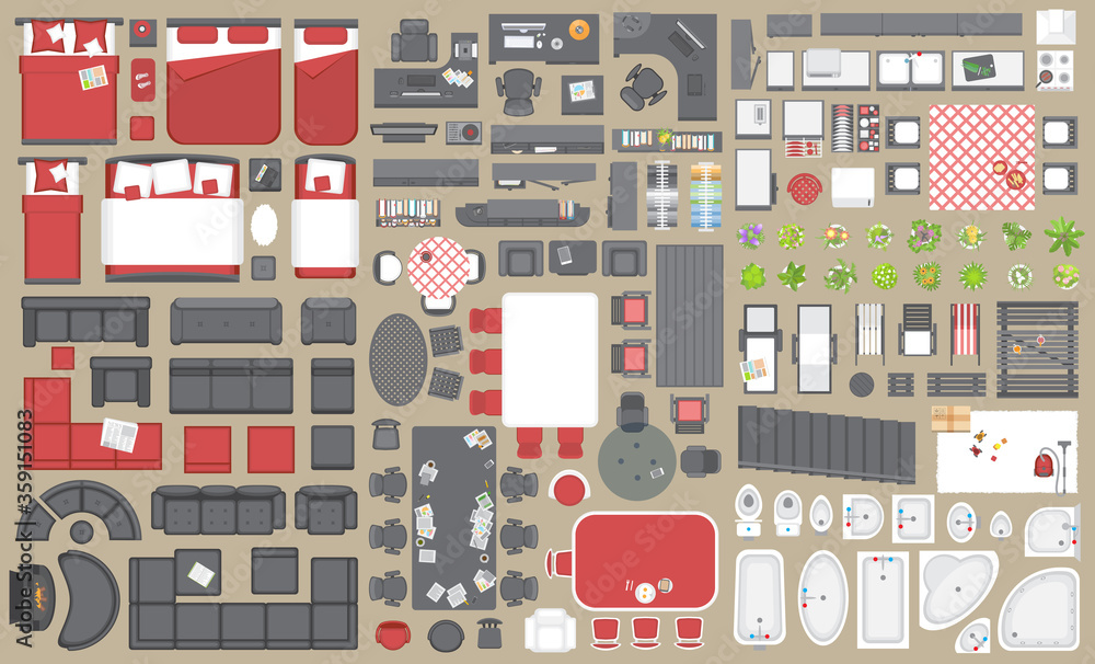 Icons set of interior. Furniture top view. Elements for the floor plan. (view from above). Furniture and elements for living room, bedroom, kitchen, bathroom, office. Icons set of interior. Furniture top view. Elements for the floor plan. (view from above). Furniture and elements for living room, bedroom, kitchen, bathroom, office.