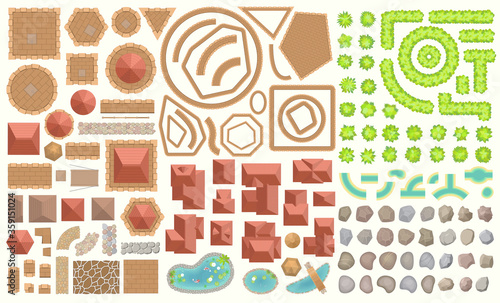 Vector set. Castle top view. Towers, walls, tiled roofs, pavement, rocks, moat. (View from above) A collection of architectural elements for medieval castles, cities, fortresses, buildings.