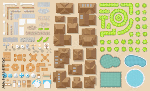 Set of landscape elements. Houses, architectural elements, furniture, plants. Top view. Fences, paths, lights, furniture, houses, trees, pools. View from above.
