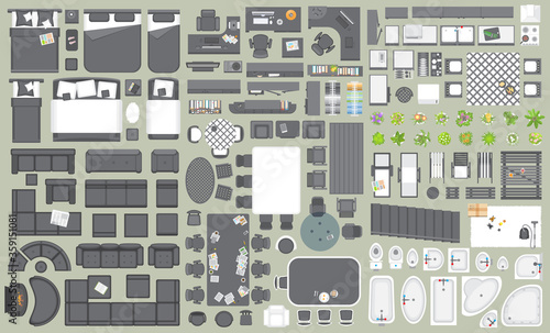 Icons set of interior. Furniture top view. Elements for the floor plan. (view from above). Furniture and elements for living room, bedroom, kitchen, bathroom, office.