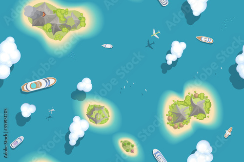 Summer vacation. The islands and ships. (top view) Vector illustration. Time to travel - sun, sea, island, sand, yacht, airplane, palm, clouds.. (view from above) 