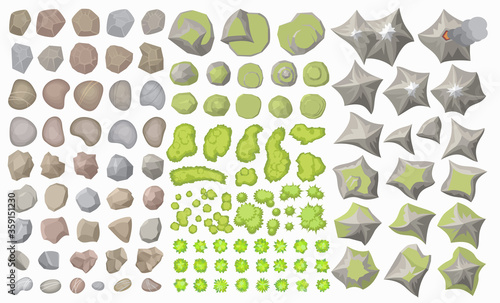 Set of landscape elements. (top view) Mountains, hills, rocks, stones, bushes, trees.(view from above)