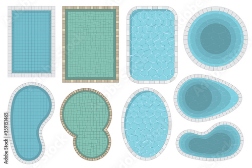 Vector set of the pools. (Top view) Collection of swimming pools different shapes.
(View from above)