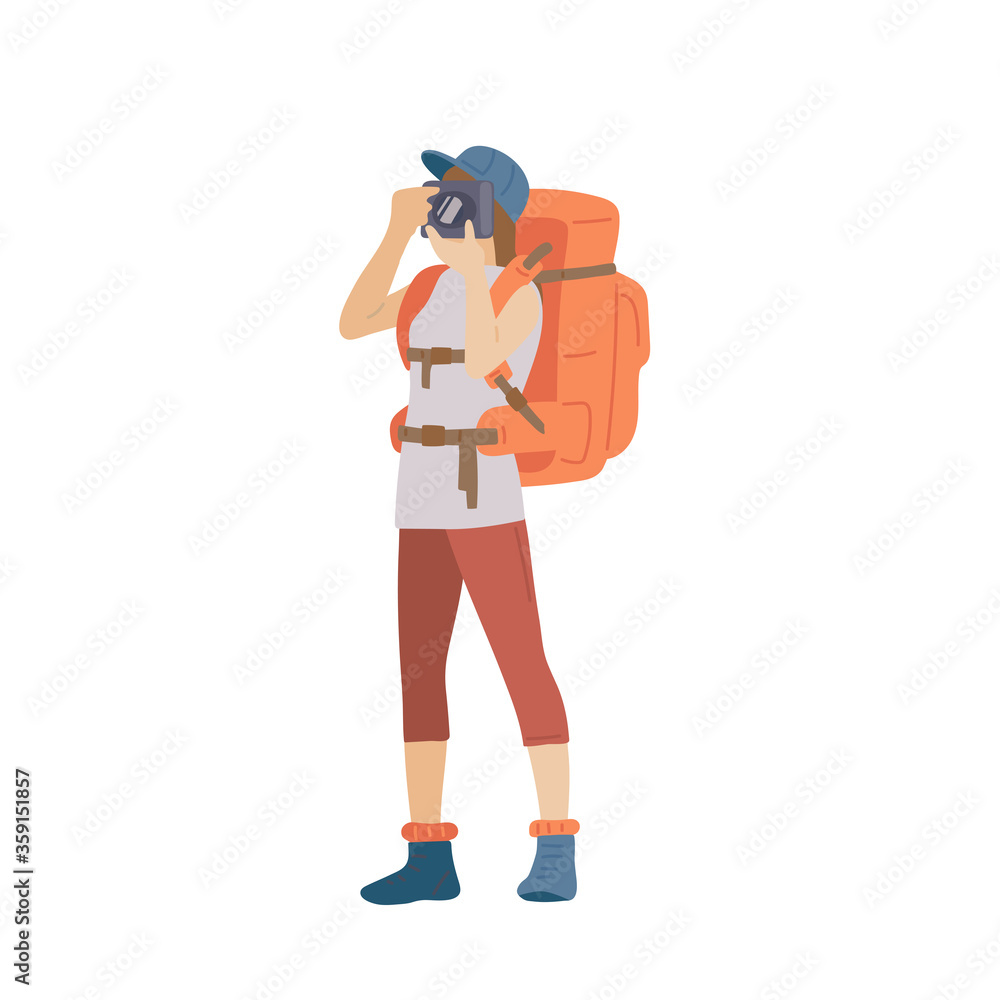 Girl with hiking backpack and photo camera. Young woman explorer or traveller in sportswear. Adventure tourism, travel and discovery flat vector illustration. Girl with hiking backpack and photo camera. Young woman explorer or traveller in sportswear. Adventure tourism, travel and discovery flat vector illustration.