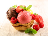 ice cream and fresh fruit- vanilla,strawberry and chocolate ice cream