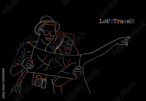 Young couple of travelers with map. Vacations and travel. Happy friends trave...