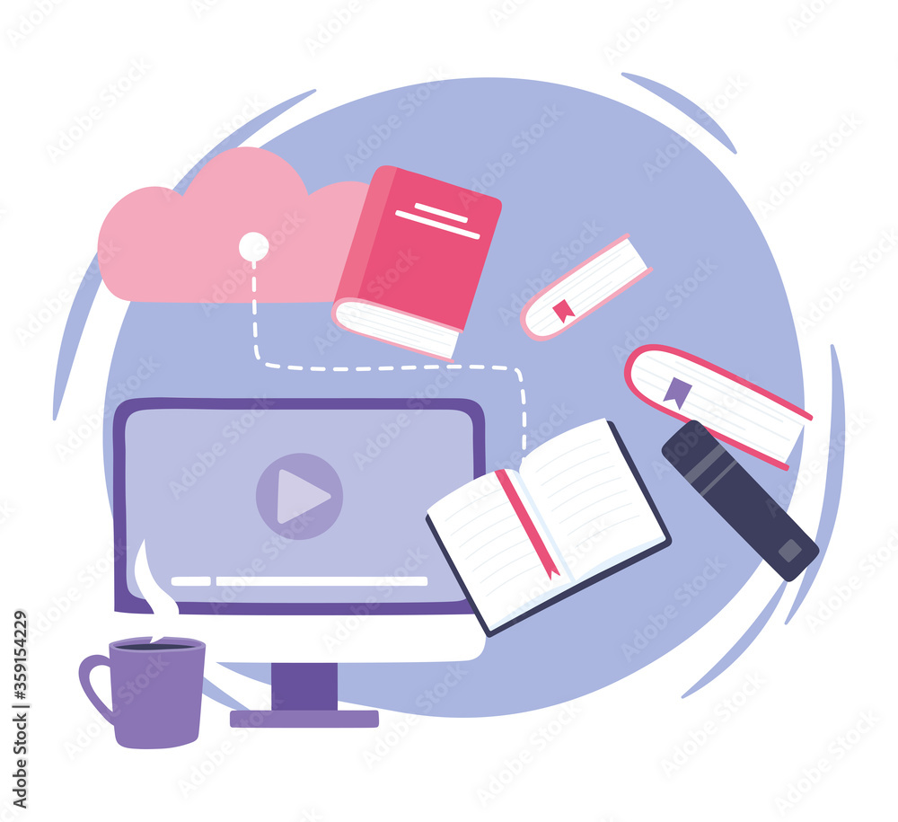 online training, computer cloud storage books and coffee cup, education and courses learning digital online training, computer cloud storage books and coffee cup, education and courses learning digital