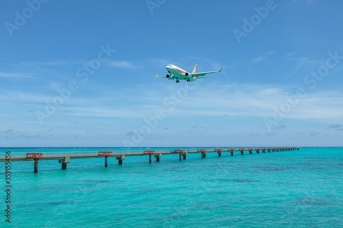 Obraz na płótnie Landing airplane on emelardgreen ocean in summer w salonie