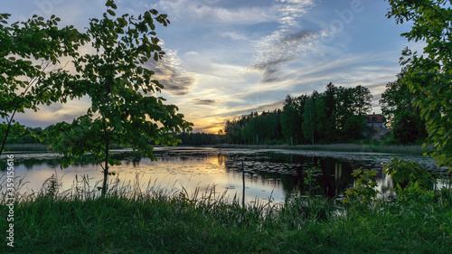 image with a beautiful colorful sunset over the lake, in the foreground the contours of trees and grass, Lielais Ansis, Rubene, Latvia photo