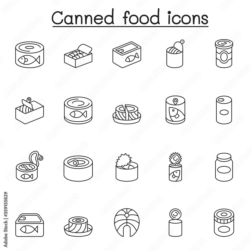 Canned food & Preserved food icons set in thin line style Canned food & Preserved food icons set in thin line style