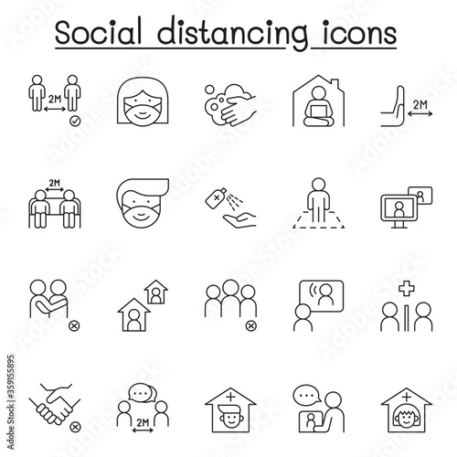 Social distance icons set in thin line style