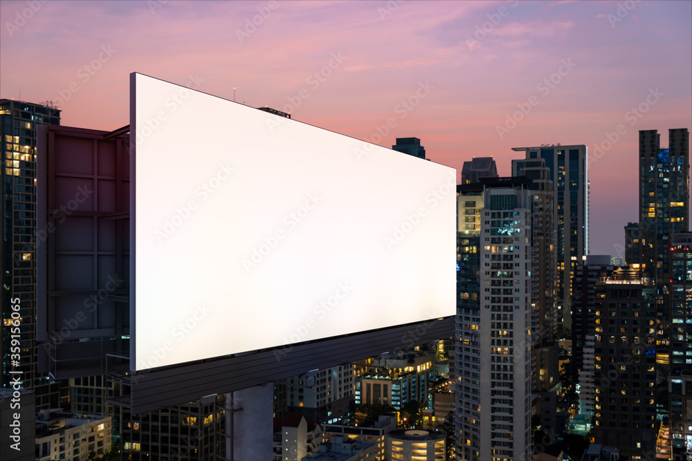 Blank white road billboard with Bangkok cityscape background at night time. Street advertising poster, mock up, 3D rendering. Side view. The concept of marketing communication to sell idea. Blank white road billboard with Bangkok cityscape background at night time. Street advertising poster, mock up, 3D rendering. Side view. The concept of marketing communication to sell idea.