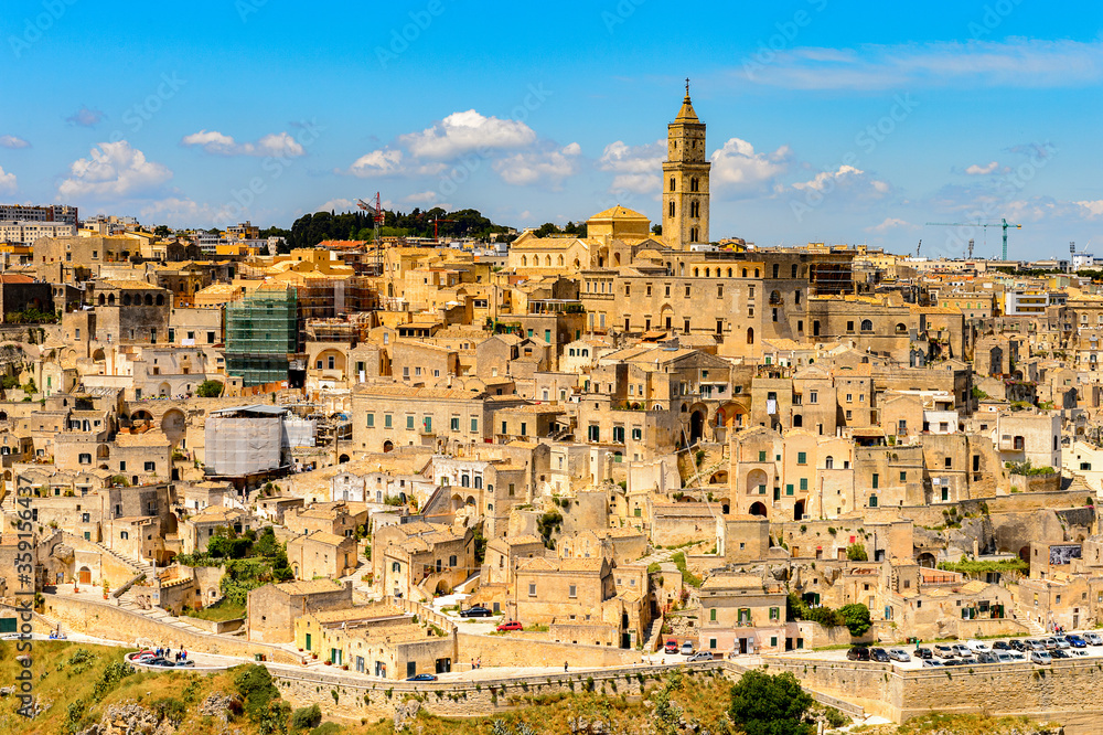 It's Panoramic view of Matera, Puglia, Italy. The Sassi and the Park of the Rupestrian Churches of Matera. UNESCO World Heritage site
