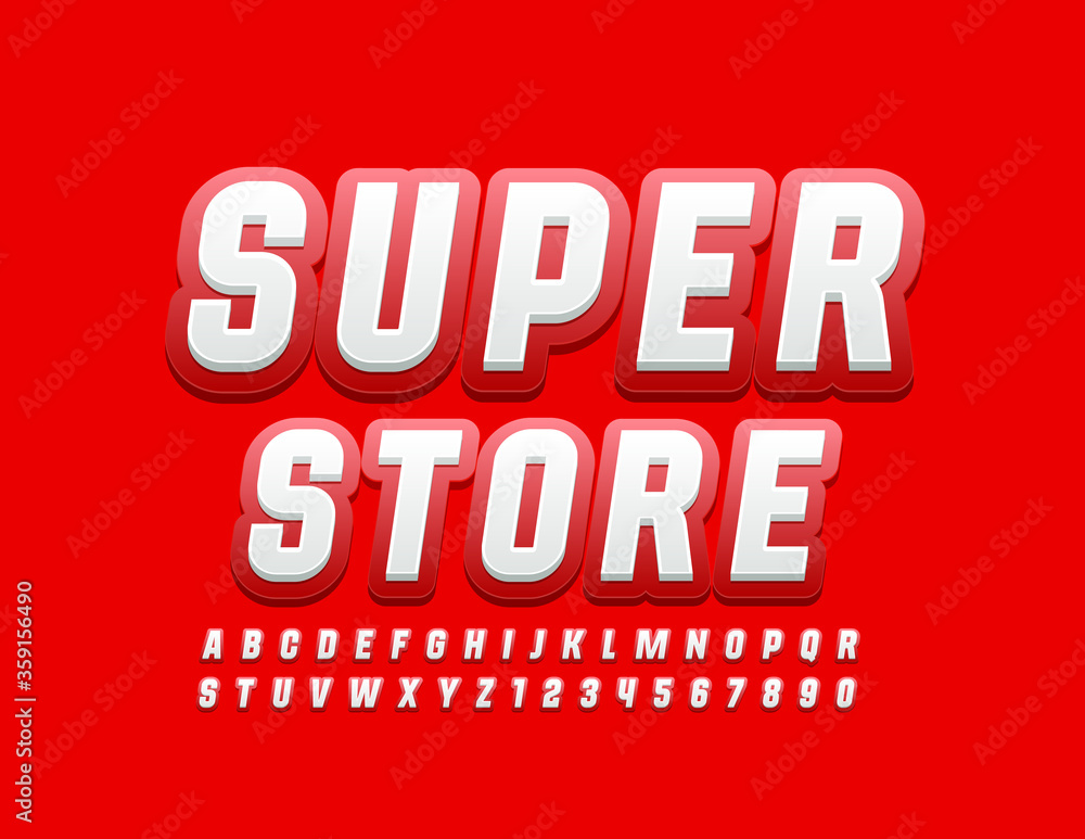 Vector bright logo Super Store with Red and White Font. Trendy Alphabet Letters and Numbers